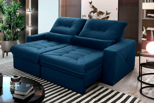 Sofá Retrátil/reclinável Sevilha 2,50m Velut Azul C/ Molas
