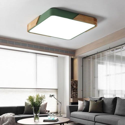 Imagen 3 de 5 de Luminaria Plafón Cuadrado De Techo Led Nórdico Madera Verde