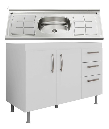 Balcão Gabinete Nathan C/ Pia Inox 120cm 2 Portas Branco