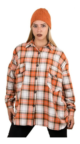 Camisa Oversize Escosesa Mujer Naranja / Camel Blackmapa 