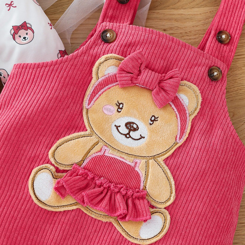 3 Pcs Conjunto Tierno Bebé Con Estampado De Osito Y Diadema Rosa 0-3 M