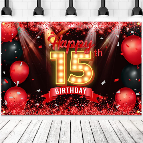 Cartel De Feliz Cumpleaños 15 Años, Fondo Rojo Y Negro, Deco