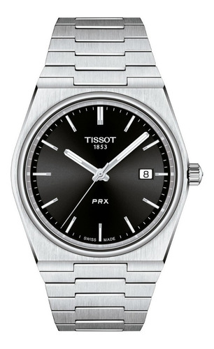 Reloj pulsera Tissot T-Classic T137.410.11.051.00 de cuerpo color gris, analógico, para hombre, fondo negro, con correa de acero inoxidable color gris, agujas color gris y blanco, dial gris y blanco, minutero/segundero blanco, bisel color gris y mariposa