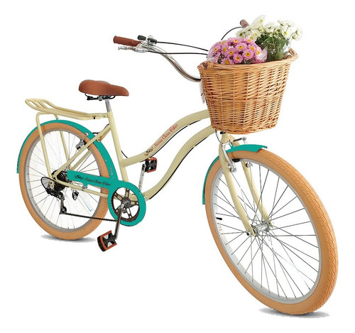 Bicicleta Aro 26 Retrô Vintage Adulto Cesta Bege Vermelho Cor Bege Com Verde Tamanho Do Quadro 17