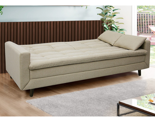 Sofá Cama New Jully 208cm Linoforte Com Braços Pés Madeira Bege Liso