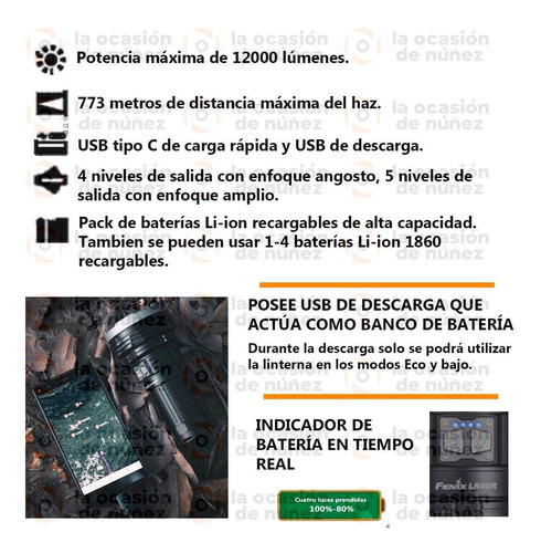 Imagen 4 de 9 de Linterna De Mano Led Fenix Lr40r 12000 Lu Recargable 773 Mt