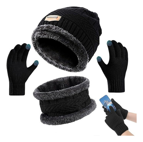 4 Conjunto Gorro Bufanda Guantes Frío Tejido Lana Unisex