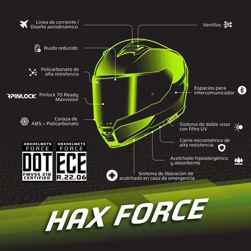 Hax Helmets. Casco Moto Integral Dot + Ece 06. Force Negro