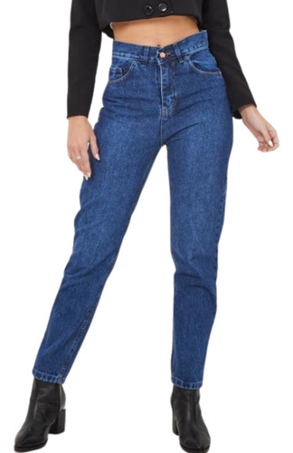 Jeans Mom Azul Clasico De Mujer Striven Rígido Tiro Alto 