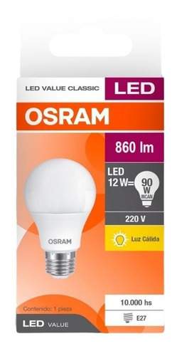 Lampara Led Osram 12w = 90w Luz Cálida 860 Lumenes Color de la luz Blanco cálido