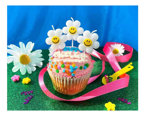 5 Pcs Flor Blanca Con Velas De Cumpleaños Sonrientes, Velas