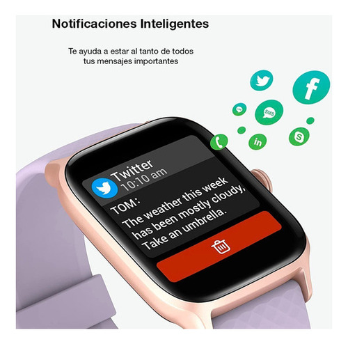 Reloj Inteligente Smartwatch Estilo De Vida Y Fitness Ew1 Color De La Caja Blanco Color De La Malla Lila Color Del Bisel Dorado