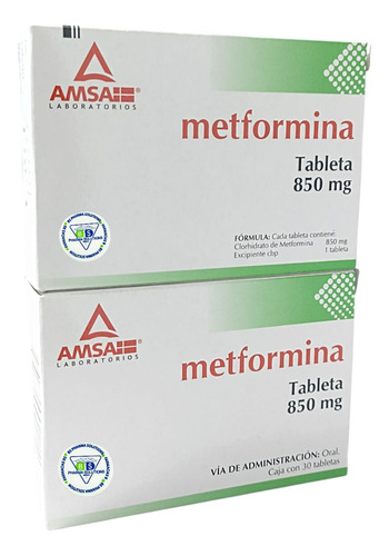 2 Cajas De Metformina 850mg C/30 Tabletas Amsa