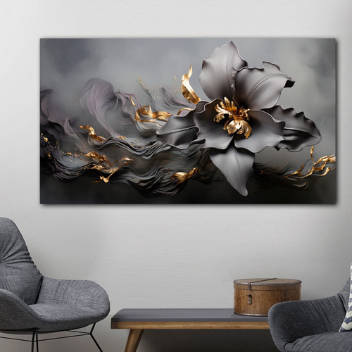 Cuadro Flor Gris Con Dorado Elegante Canvas Sala 60x90