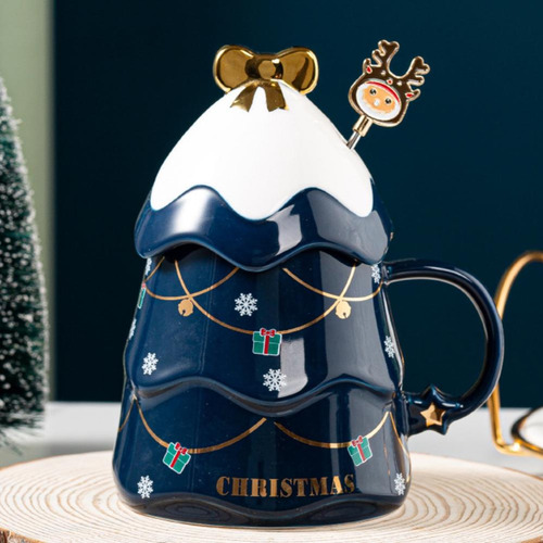 Juego De Tazas Navideñas Con Tapa Y Cuchara De Cerámica De 5