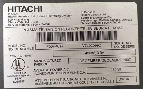 Tarjeta Y Sus Hitachi P50h401a Jp57921 Box44*