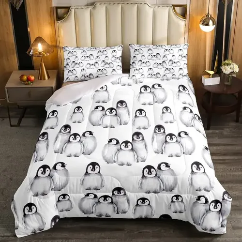 Edredón Navideño De Peluche – Pingüinos, Osos Polares O Perros – Juego De 2 O 3 Piezas (Talla Single A King)