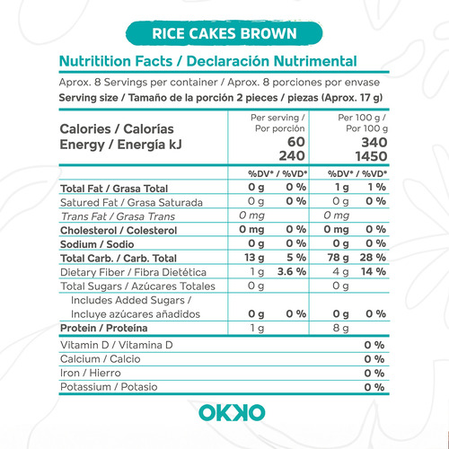 Rice Cakes Integrales 140g Caja C/ 20 Pzas Okko