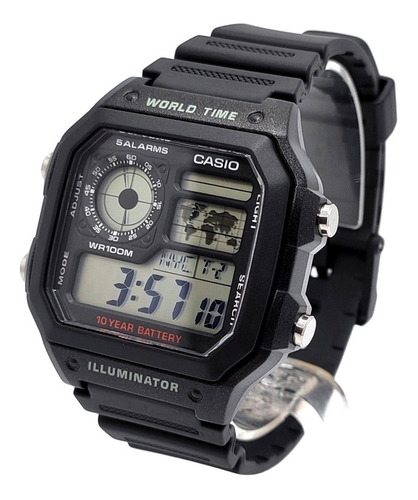 Reloj de pulsera Casio Digital AE-1200 de cuerpo color negro, digital, fondo gris, con correa de resina color negro, dial negro, subesferas color gris y negro, minutero/segundero negro, bisel color negro y hebilla simple