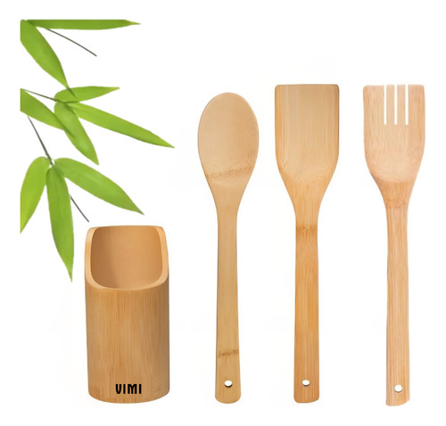 Set De Utensilio 3pz Bambú Con Base Almacenamiento Cocina
