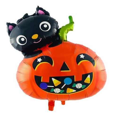 Globo Metalizado Calabaza Y Gato Negro Apto Helio 50x60cm