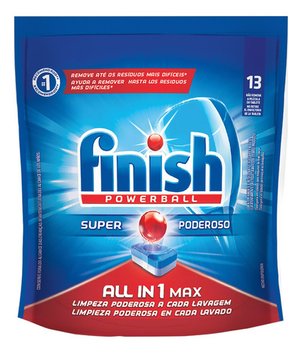 Detergente Finish All In 1 Max Powerball tablete original em pouch 13 un