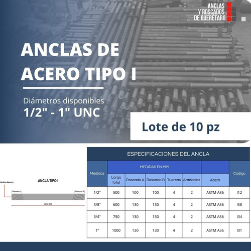 Ancla De Cimentación Tipo I De 1  A36 Lote 10 Piezas