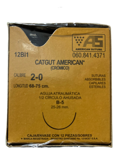 Sutura Catgut Cromico 2-0  1/2 Circulo 25-26mm American