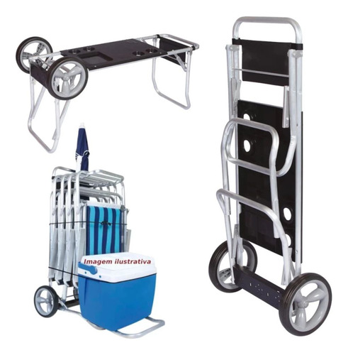 Kit Carrinho De Praia Com Avanço + 2 Cadeiras De Praia Aço