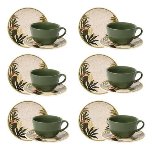 Jogo Lanche/chá 18 Peças Oxford Unni Tropicano Verde-musgo Florido