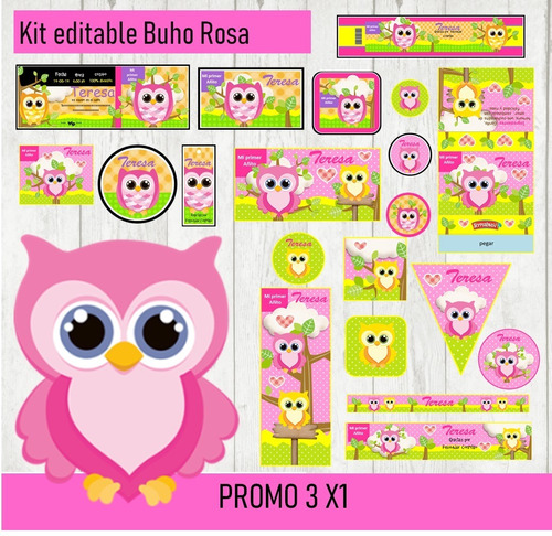 Kit Imprimible 3x1 Buho Nena Rosa Lechuza Candy Bar