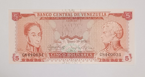 Billete De Venezuela 5 Bs Enero 29 1974 - Sin Circular - C7