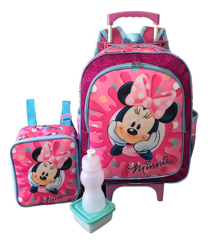 Mochila Escolar Minnie Mouse Chiclete Rodinhas G + Lancheira