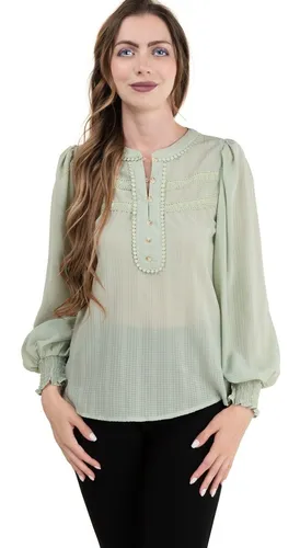 Blusa Vestir Manga Larga Trama Cuadros Escote Botones Fresca