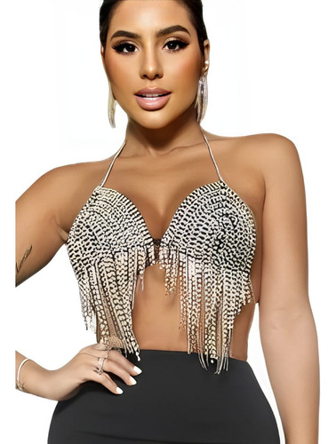 Cropped Pedraria Feminino Strass Moda Luxo De Festa Top