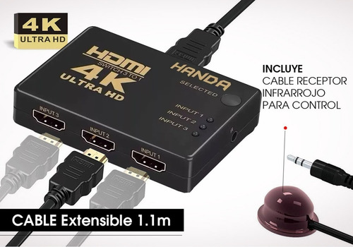 Switch Hdmi 3x1 4k Selector + Control Remoto Extensible 1.1m