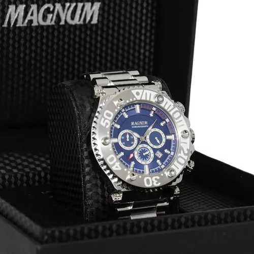 Relogio magnum prata masculino azul cronografo