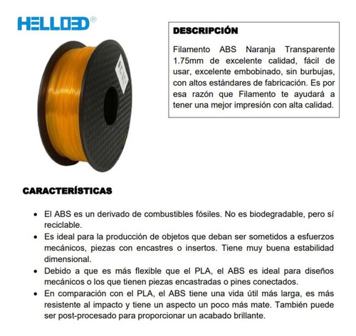 Filamento Abs 1.75 Mm Naranja Transparente Hello3d