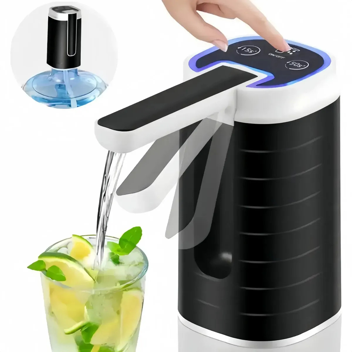 Bomba Eléctrica para Garrafón de Agua, 3 Modos, Boquilla Plegable, Carga USB, Dispensador Automático para Botellón Doméstico Negro