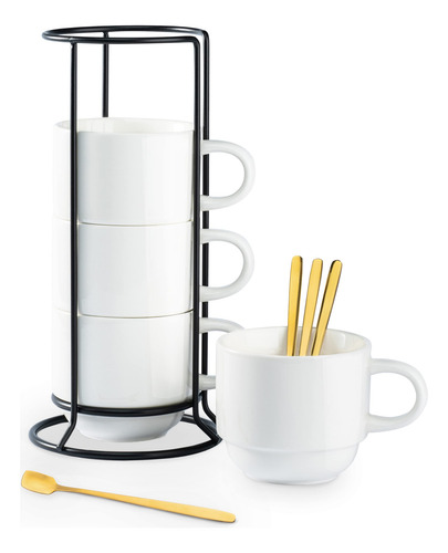 Tazas De Cafe De Porcelana Color Blanco Con Soporte De Metal