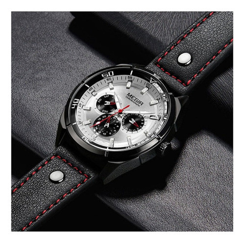 Relojes de cuarzo Megir Calender Leather Business, color de fondo blanco