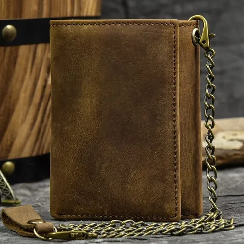 Cartera De Cuero Genuino Para Hombre Con Cadena