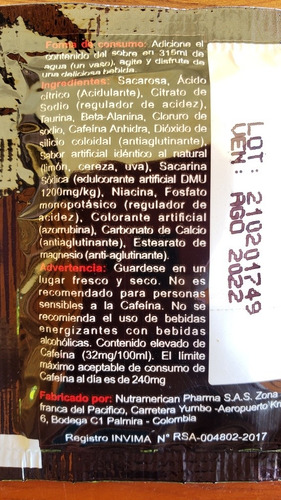 Imagen 4 de 4 de Bebida Energetica 4.5g Cafeina Taurina Beta Alanine 10unidad