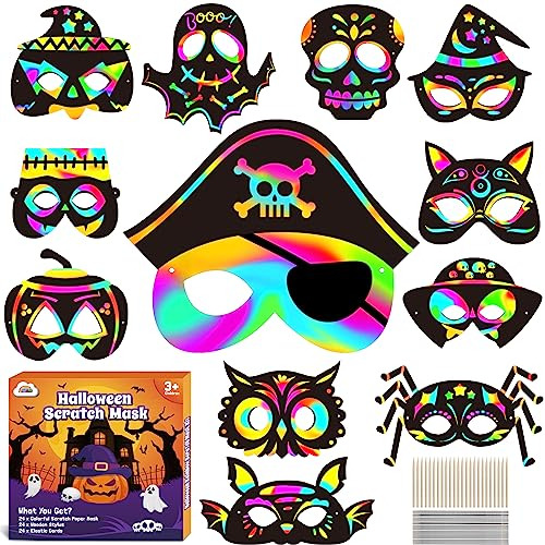 Halloween Scratch Mask For Kid: 24 Pcs Rainbow Scratch ...