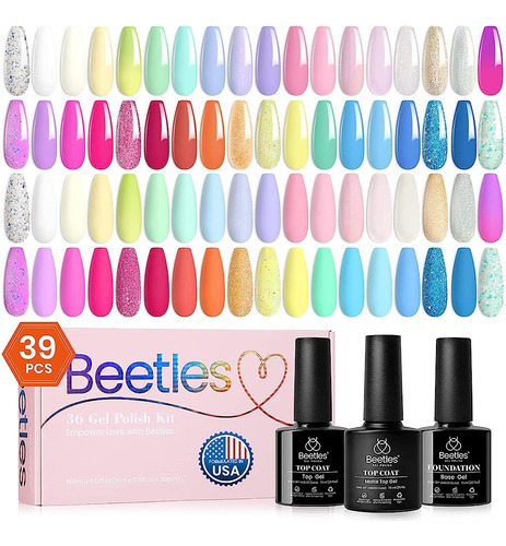 Beetles Pastel Gel Nail Polish Kit, 36 Colores Con Base Gel 