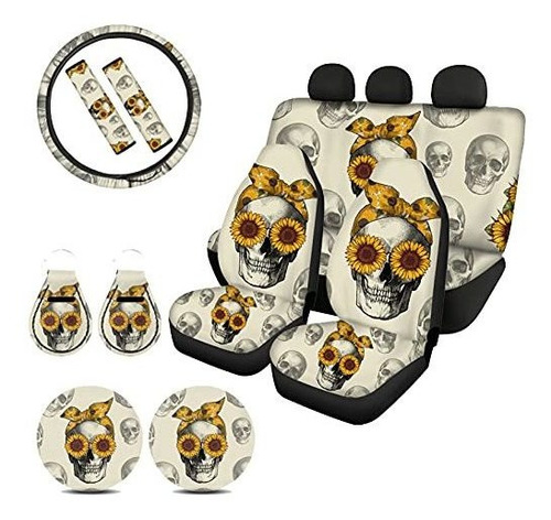 Biyejit Sunflowers Skull Car Interior Accesorios Decorativos