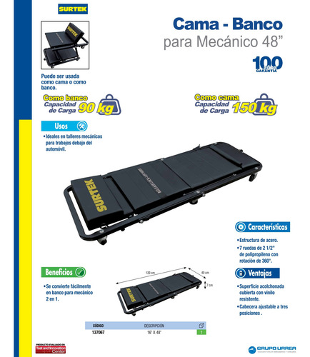 Cama Convertible A Banco Para Mecánico Surtek® 48'' X 16''