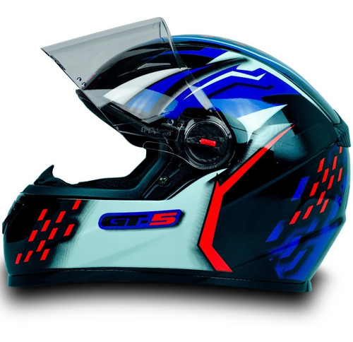Imagem 3 de 5 de Capacete Moto Gt5 Azul Vermelho + Viseira Camaleão