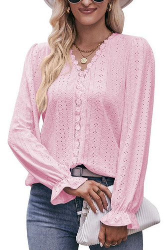 Camiseta Rosa Encaje Kawaii Top Manga Larga Cuello Pico