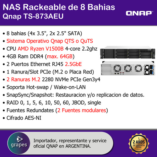 Nas 8 Bahias Rack Qnap Ts-873aeu 4gb Ddr4 Amd Ryzen 2fuentes